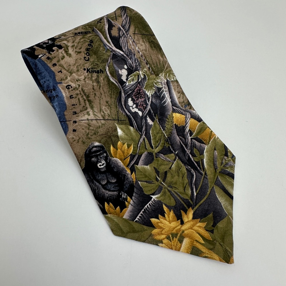 Endangered Species Silk Tie Mens Multicolor African Kingdom Map Wildlife 4" EUC